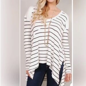 Free People Sunset Park Oversized Thermal Top Black White Stripe XS